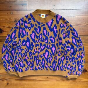 Farm Rio Sweater Women's Size S Leopard Pop Caramel Heart Print Puff Sleeve